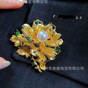 Middle Ages Dumb Gold Peony Flower Pearl Brooch All-match Temperament Retro Holding Flower Suit Coat Corsage Pin
