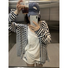 慵懒风韩系撞色条纹长袖开衫外套女秋季宽松休闲百搭显瘦防晒上衣