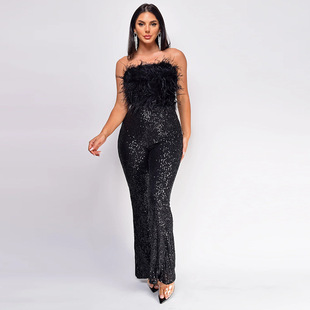 European and American 2025 New Summer Women's Sleeveless Backless Jumpsuit Cross-Border Tube Top Sequin Feather Bell-Leg Jumpsuit