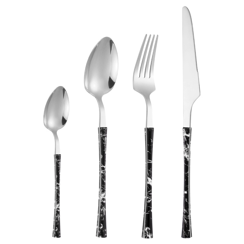 430 vajilla de acero inoxidable cuchillo de carne, tenedor y cuchara de clip manejar pequeña cintura mármol comida occidental 4 piezas cuchara transfronteriza cuchara de té