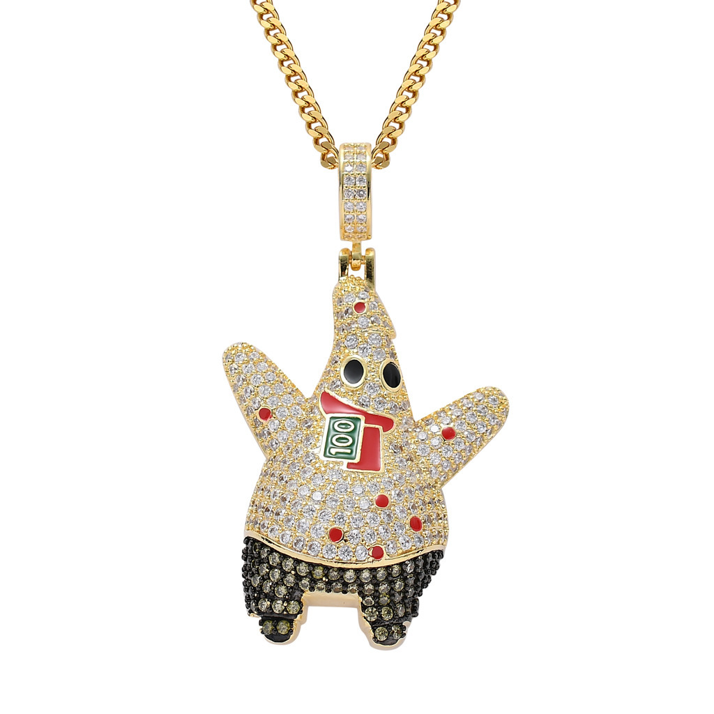 American Cartoon Sponge Baby cartoon character Paida star full zircon pendant hip hop men's hipster necklace jewelry
