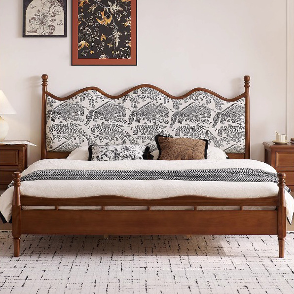 Cama de madera maciza francesa, estilo retro, 1.8m de diseño, cama doble, muebles de dormitorio, cama de boda medieval.