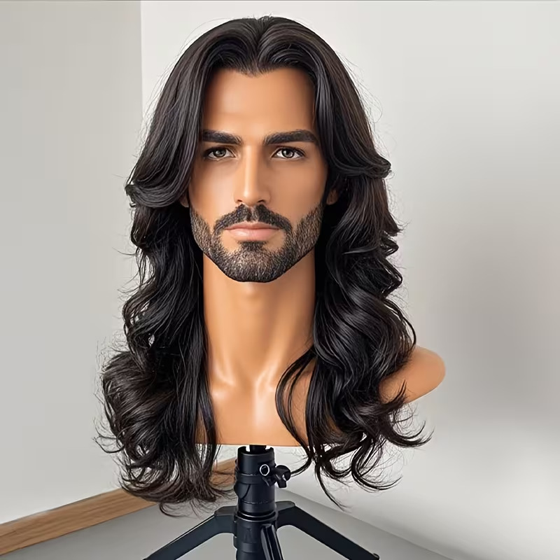 Foreign Trade European and American Men's Wigs, Black Wavy Medium-Length Hair Lace Front Wig, One-Piece Drop Shipping