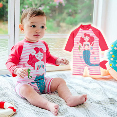 新款兒童連體泳衣批發女童衝浪服寶寶 條紋美人魚防曬速干游泳衣