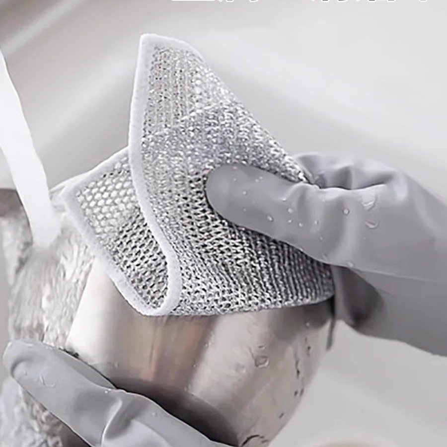 Double-sided silver silk dish towel thickened absorbent non-stick oil dishwashing cloth household cleaning oil removing steel wire dish cloth