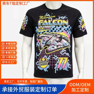 外贸复古机车赛车短袖定制NASCAR赛车大花位数码印花圆领T恤做旧T