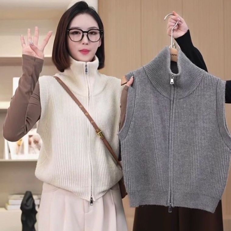 Shanli Dadi High-Neck Cardigan Vest Autumn and Winter Zipper Knitted Work Clothing Sleeveless Versatile Vest New Loose Sweater