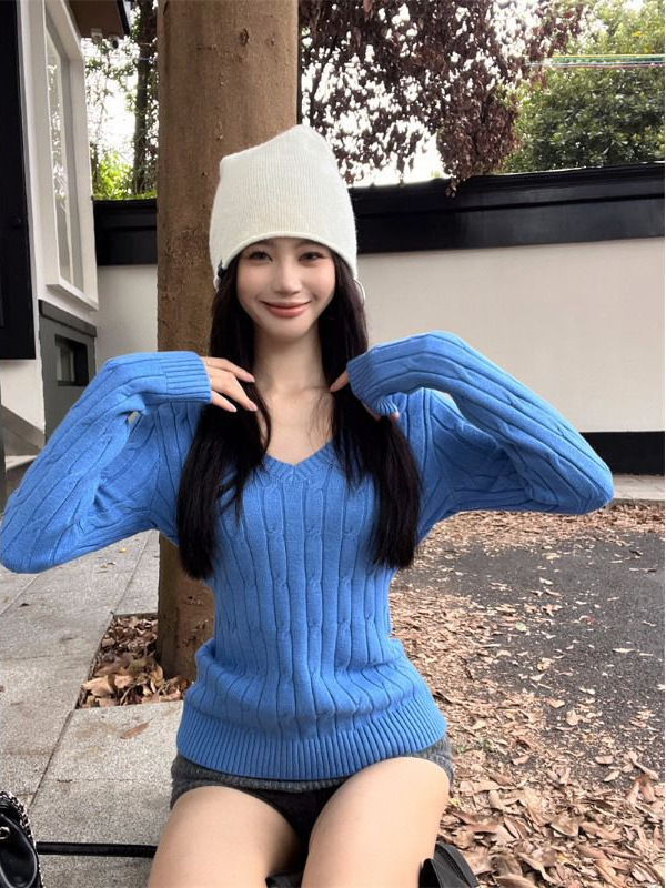 美式辣妹蓝色麻花V领毛衣女秋冬2025新款内搭针织打底衫修身上衣|undefined