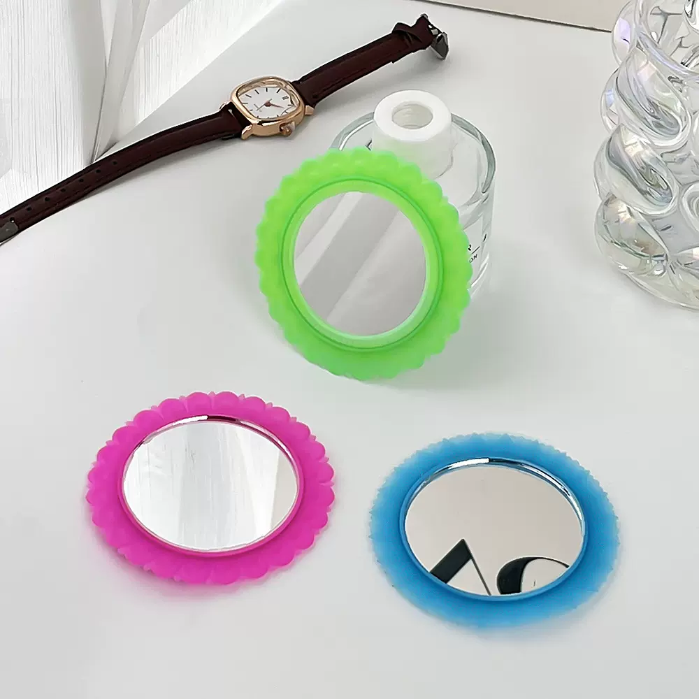 糖果色花边圆形化妆镜 便携少女心补妆镜ins风拍摄道具装饰镜批发