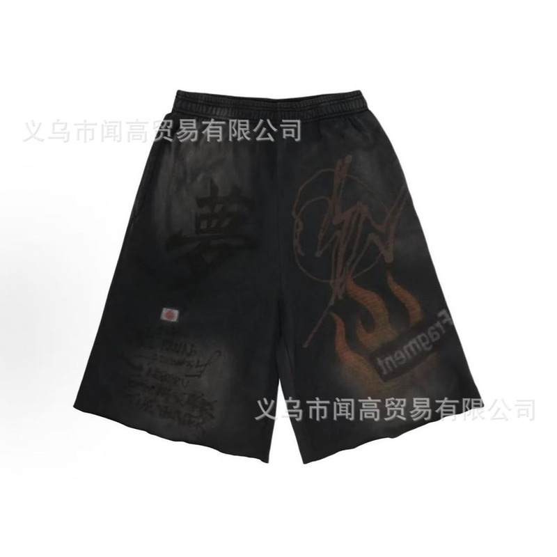 Travis Scott Cactus Jack Flame Distressed Print Shorts American High Street Style Washed Five-Point Sweatpants