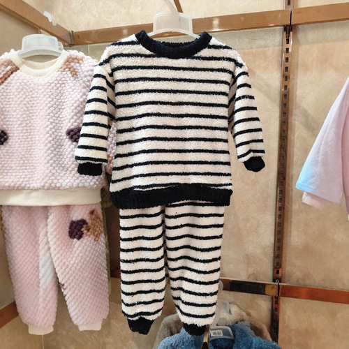 Children's Homecoming Dress Thick Winter Korean Style One-Sided Fleece Pajama Set for Big Kids, Unisex Two-Piece Set