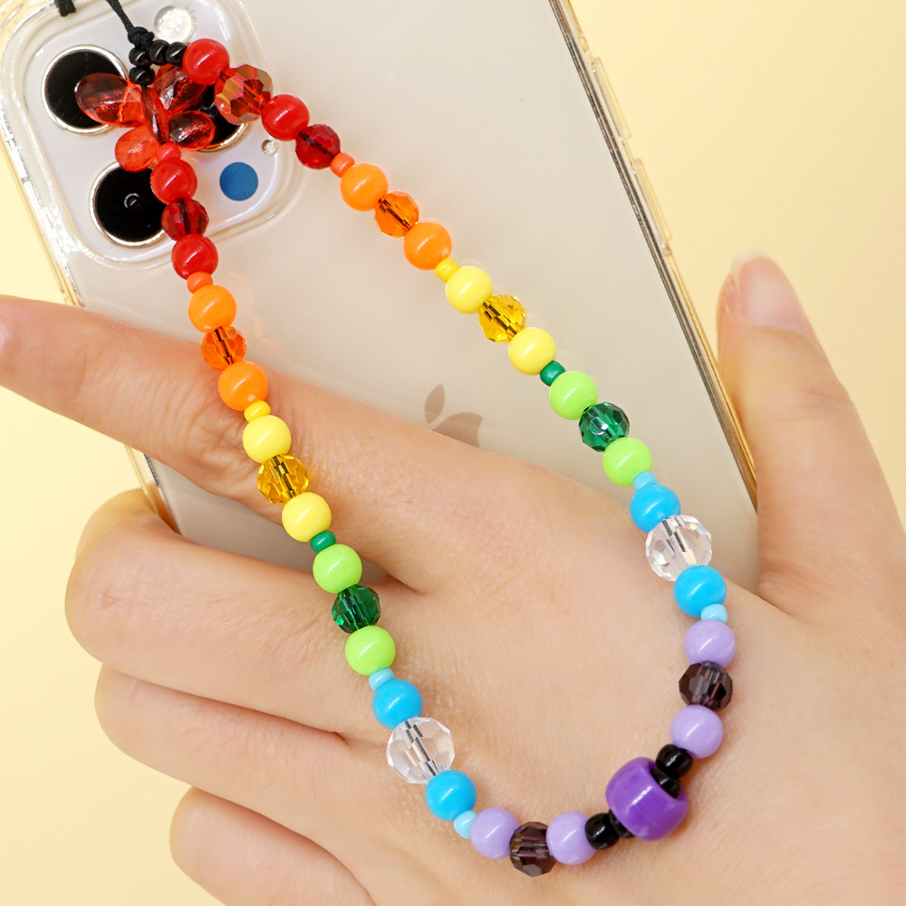 New Bohemian Style Rainbow Gradient Crystal Glass Beads Mobile Phone Chain display picture 1