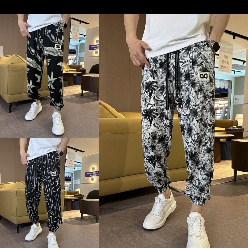 2023 summer men's new ice silk printed casual split cropped pants Internet celebrity youth Ruan Shuai loose harem pants