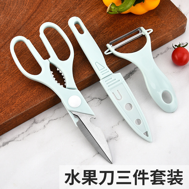 과일 칼 멜론 대패 3 피스 나이프 세트 양장 공장 도매 마카롱 컬러 주방 닭 뼈 가위 칼 세트