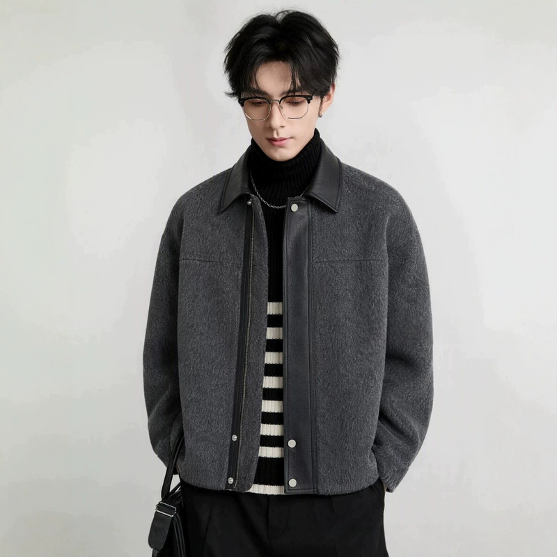 Old Money Style Design 100% Wool Short Lapel Woolen Coat with Leather and Wool Combination High-End Men's Coat 2026 Autumn and Winter New Style