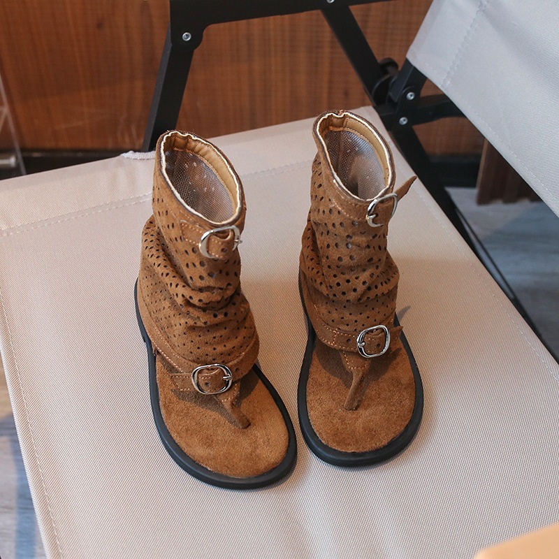 Girls French Toe Sandal Boots with Buckle Strap Openwork Summer Roman Princess Style Sandals_voghion.com