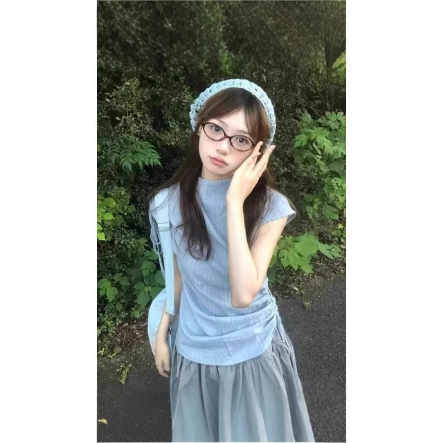 [Direct Delivery from the Source Manufacturer] French Blue Stripesd Waist Drawstring T-Shirt with Straps Summer Sleeveless Top