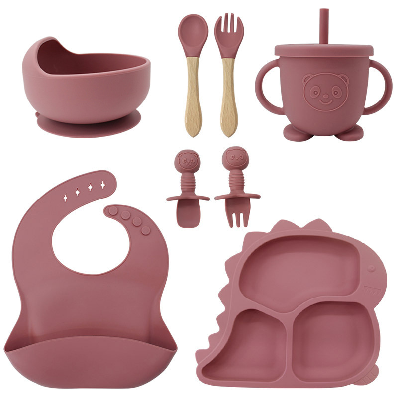 Fábrica al por mayor cubiertos para bebés babecera de silicona platos de comida suplementarios dinosaurios niños comidas set de entrenamiento