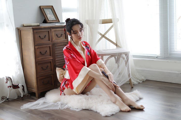 Japanese Print Kimono Robe Set with Thong and Belt, Polyester, One Size — detail image 26