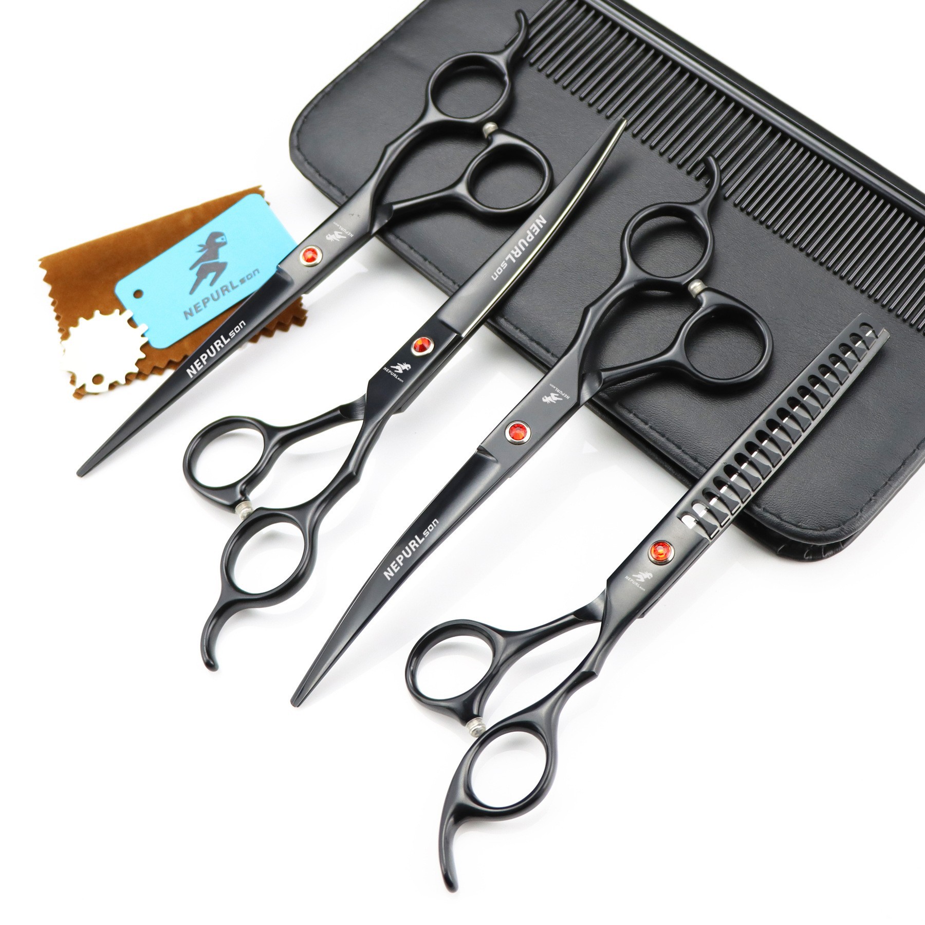 7.0寸  黑色烤漆 4把装 宠物美容剪刀 直剪 套装 送排梳