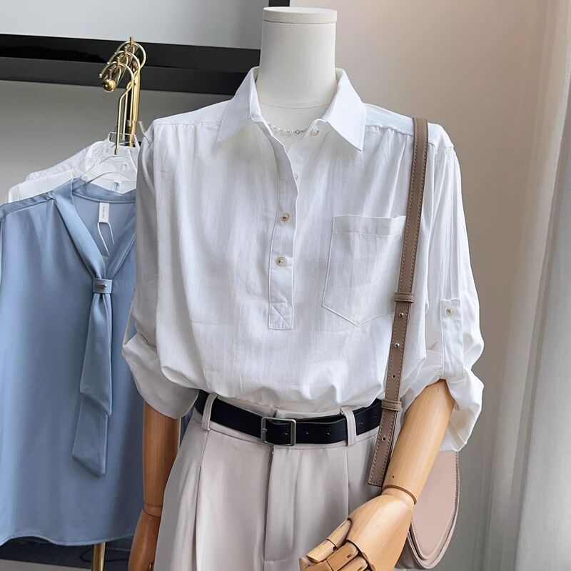 High-End Simple White Shirt with Tie Sleeves for Women, White Pullover Half-Placket Shirt for Spring and Summer