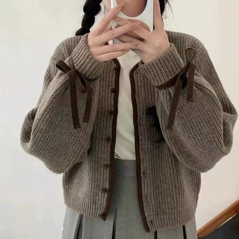Korean style retro simple elegant knitted cardigan women's sleeve strap color matching edge single-breasted soft glutinous long-sleeved top