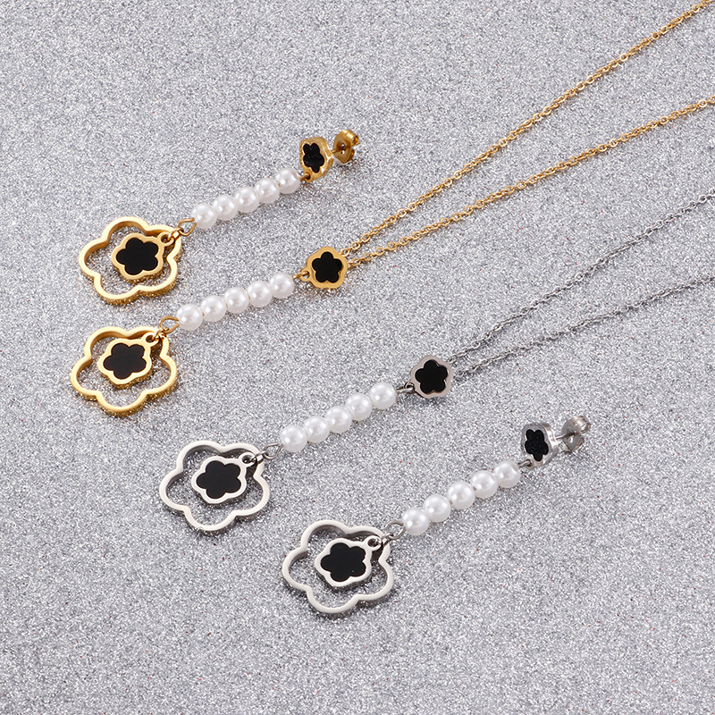 Fashion Flower Titanium Steel Inlay Artificial Pearls Earrings Necklace 1 Set