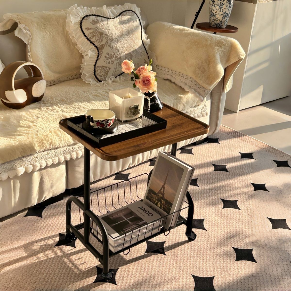 Movable Trolley Sofa Side Table Bedside Storage Rack High Coffee Table Table Living Room Snack Rental House Bedside Table