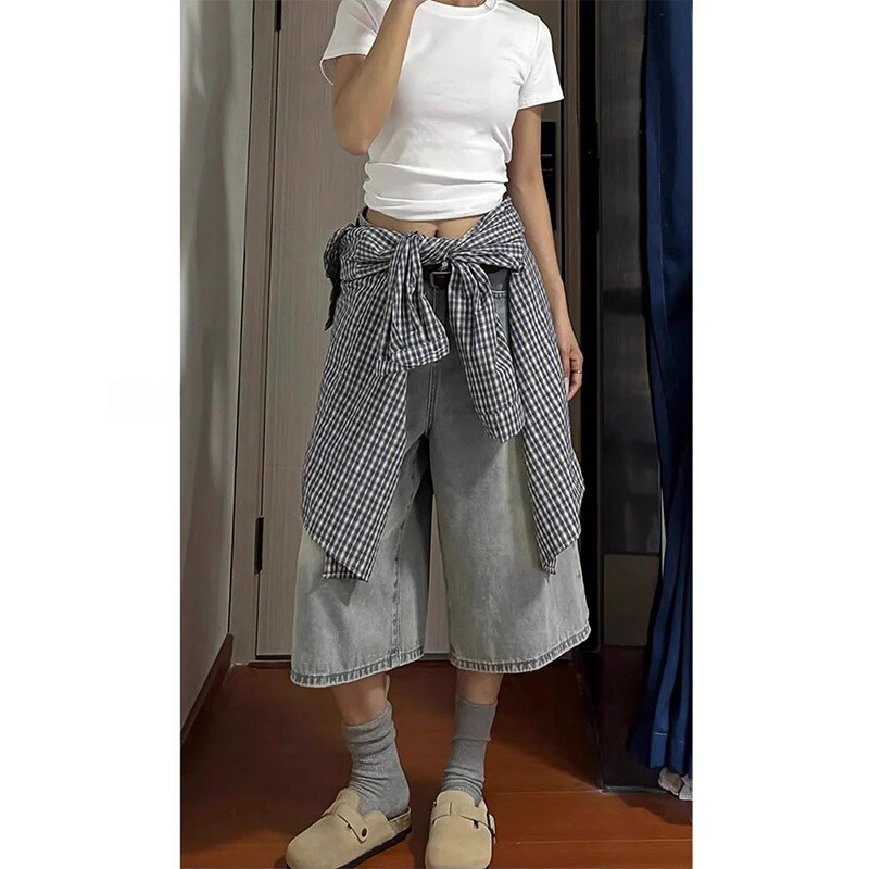 Vintage Light-Colored Straight-Leg Denim Capri Pants for Women, High-Waisted, New Summer Style, Plus-Size, Loose, Slimming Wide-Leg Pants