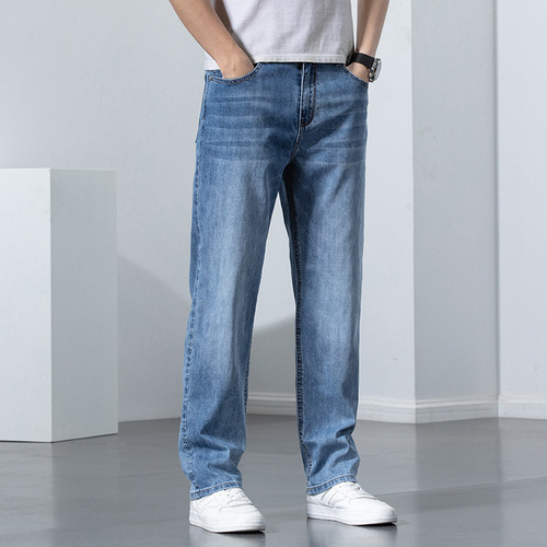 Elastic High-end Men's Jeans New Loose Straight Leg Pants for Spring and Autumn with Fleece Lining and Thick Long Pants