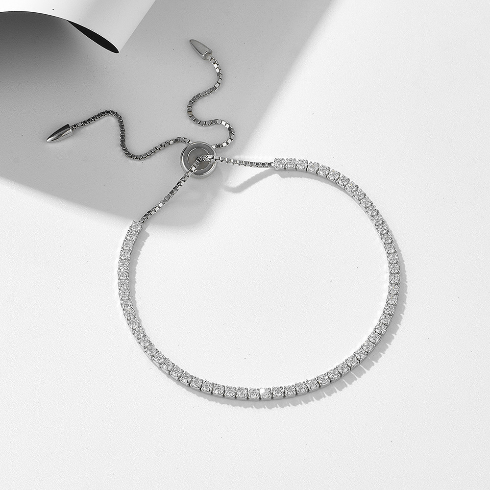 Venta caliente transfronteriza suministro de una sola fila diamante completo 2mm ronda ZIRCON pull ajustable s925 pulsera de plata para las mujeres
