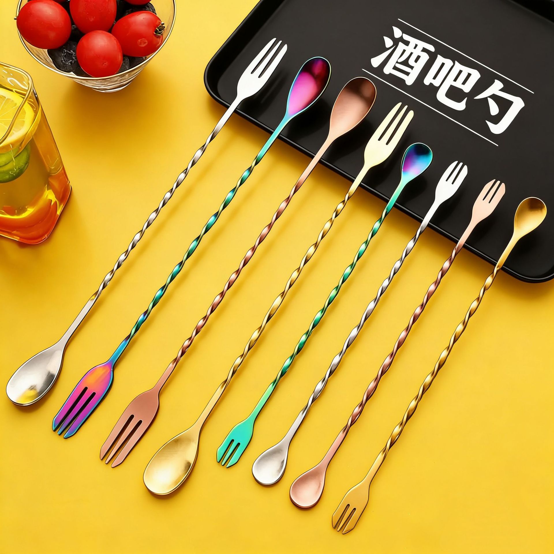 Cross-Border Stainless Steel Bar Spoon Cocktail Long Handle Double-Ended Ice Spoon Milk Tea Stirring Spoon Bar Mixing Stick Wholesale