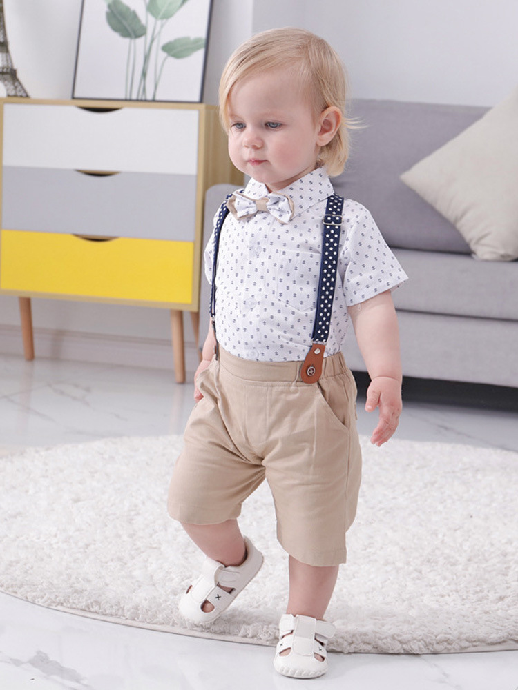 Ropa para niños al por mayor entrega de una sola pieza pantalones de tirantes finos británicos ropa de tres piezas para niños ropa de verano para niños de manga corta