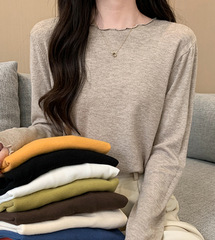 慵懒风木耳边圆领针织打底衫长袖女早秋内搭基础款miu系毛衣上衣