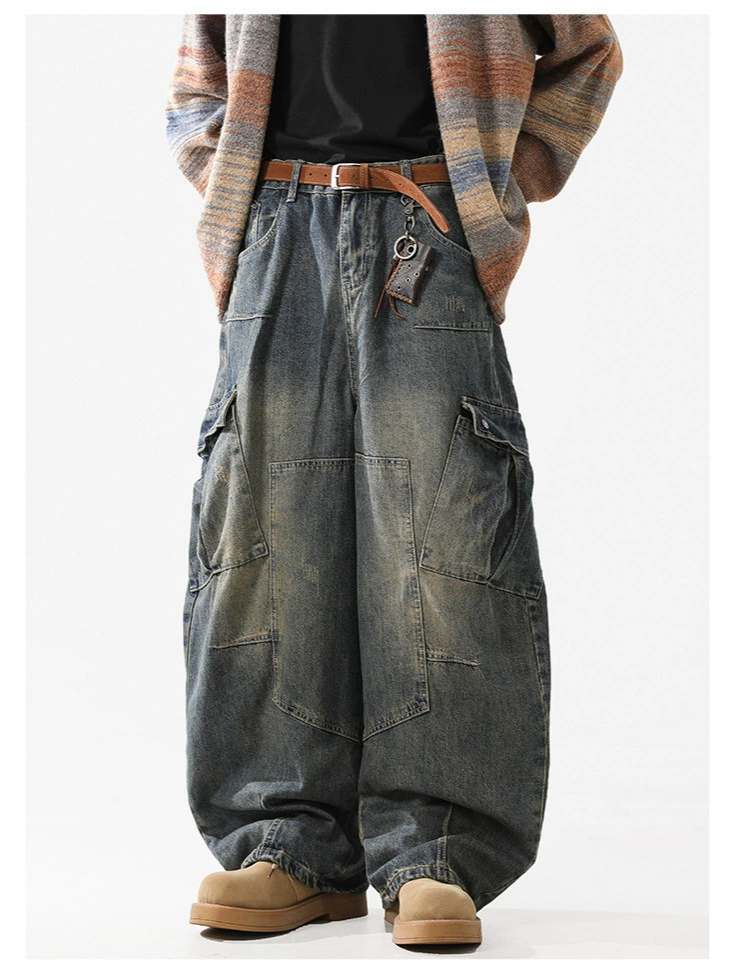 Модная брендовая тяжелая джинсы с множеством карманов-скимитар для мужчин и женщин, жарка на улице, старый стирка, широкие брюки для работы, пара