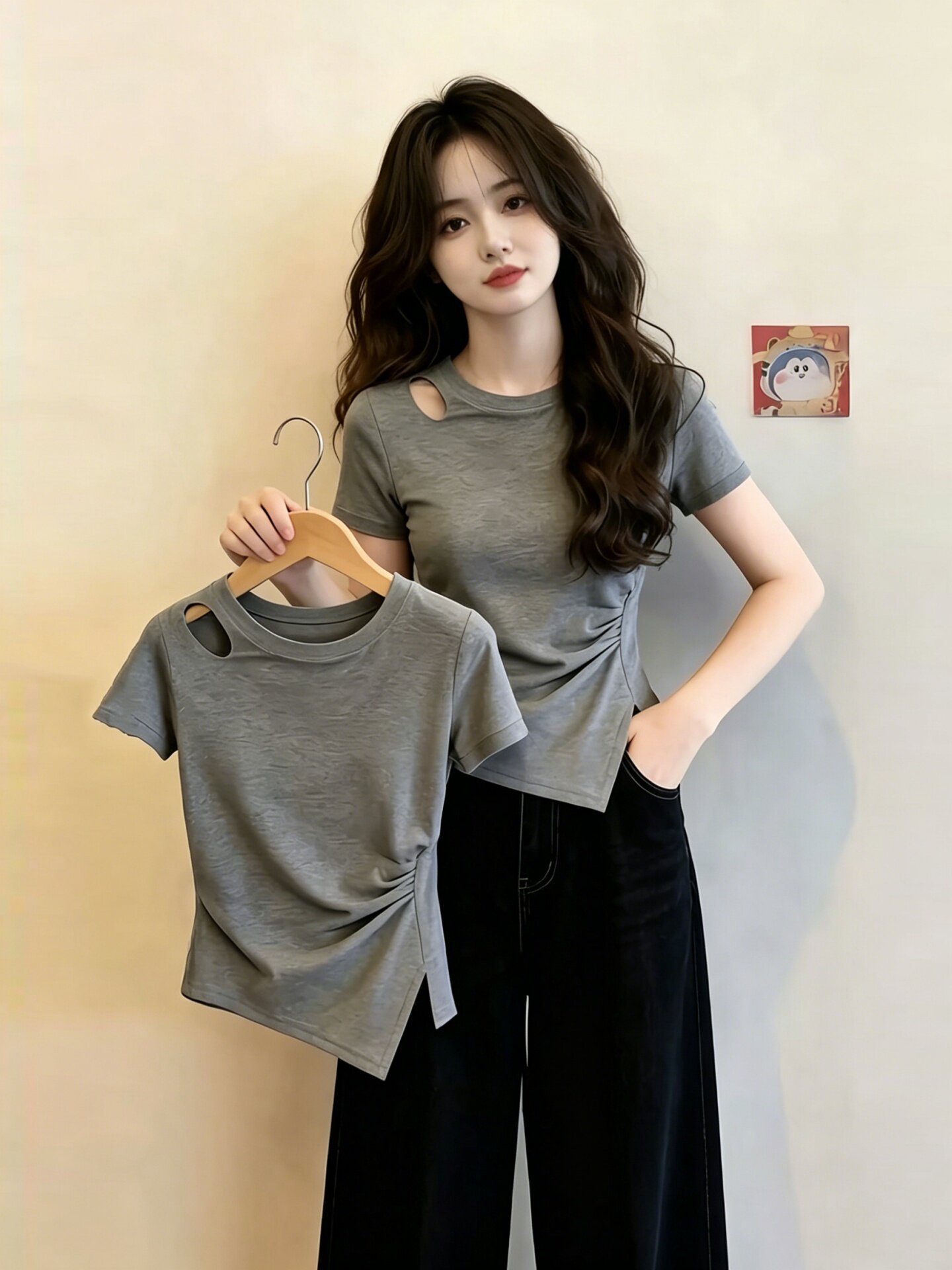 Áo thun nữ tay ngắn cổ tròn xám nhún eo xẻ tà ôm dáng — màu xám chi tiết 6