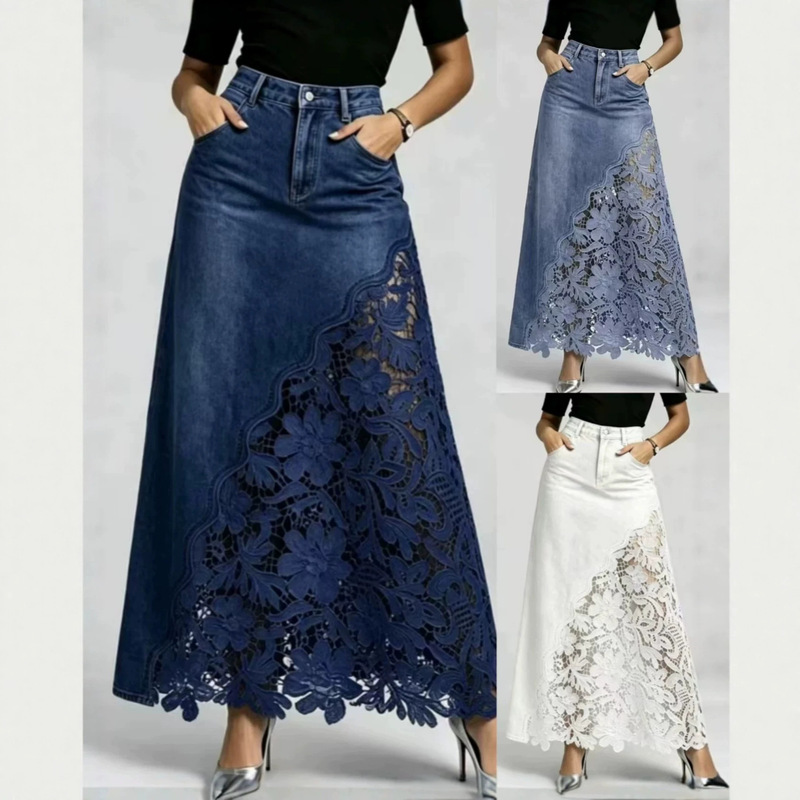 Bohemian style high-waisted washed denim long skirt with hollow lace splicing and A-line design, elegant and slimming Bohemian style high-waisted washed denim long skirt with hollow lace splicing and A-line design, elegant and slimming