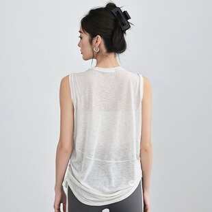 Bamboo Yarn Summer Breathable Yoga Blouse Women's Round Neck Loose Sleeveless Sports Top Hem Drawstring Yoga Vest
