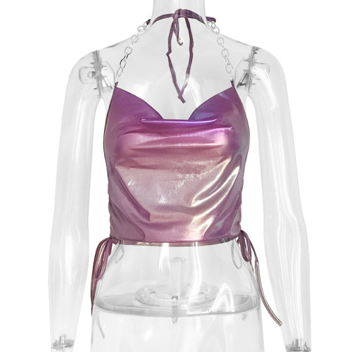  European and American cross-border women's summer ins contrasting color stitching sleeveless halter top slim backless vest for women