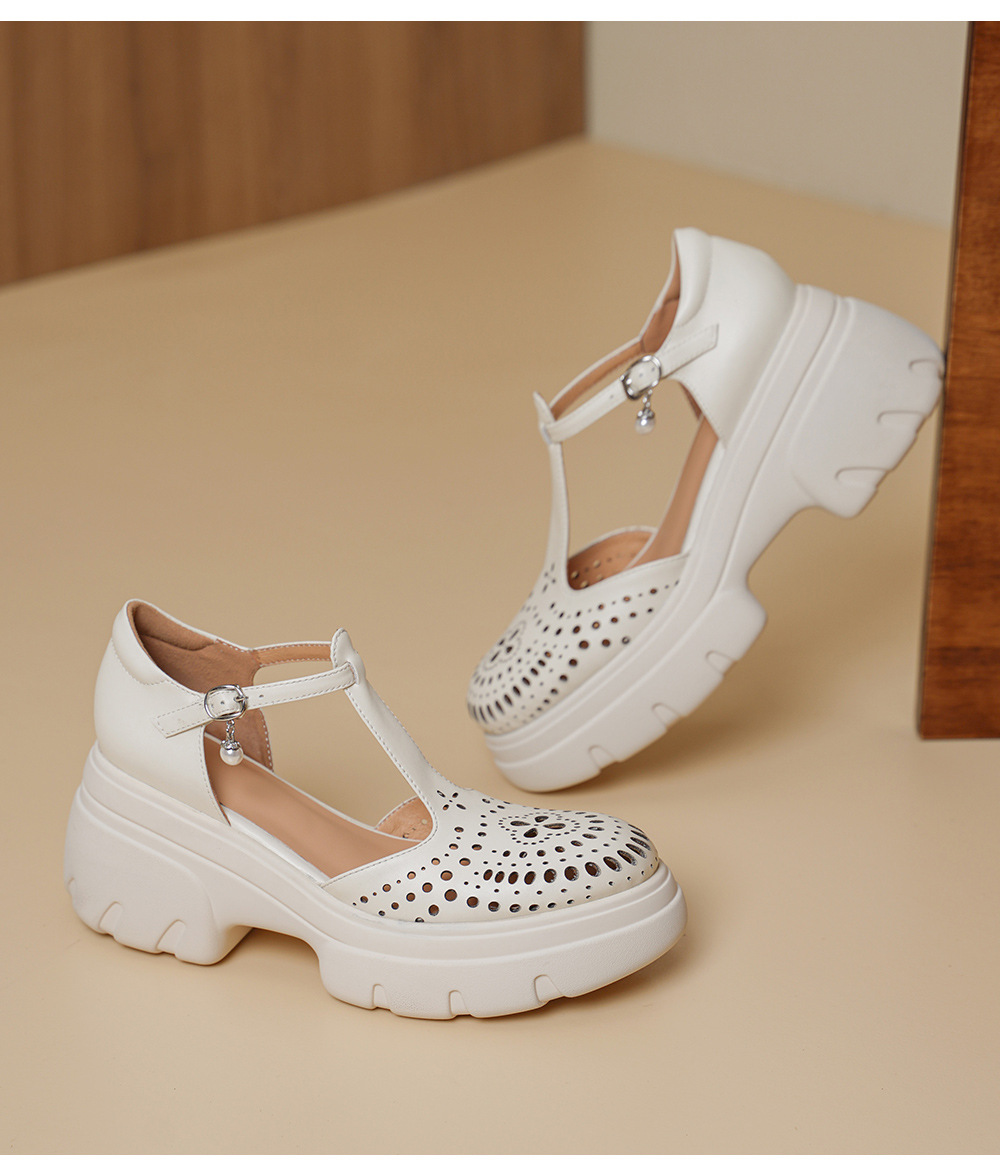 Giày cao gót nữ đế xuồng platform 8 cm, mũi tròn bít, quai chữ T kiểu Mary Jane, họa tiết khoét lỗ thoáng khí — màu đen, màu mơ chi tiết 14