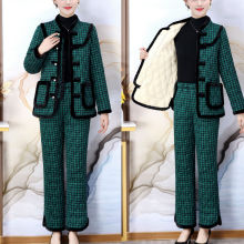 妈妈加绒套装中年妇女棉袄外套新款秋冬季中老年女装格子棉衣