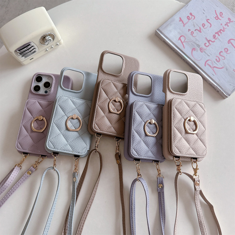 Suitable for iPhone 17 Pro Max Card-Inserting Phone Case, Apple 15 Lanyard Back Cover Protective Leather Case, 14 Crossbody Shoulder Strap