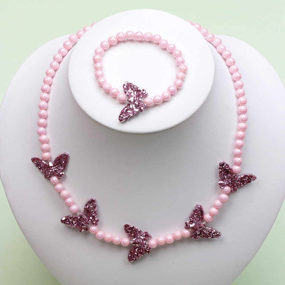 Cute Butterfly Resin Beaded Girlu0027S Necklace 1 Set