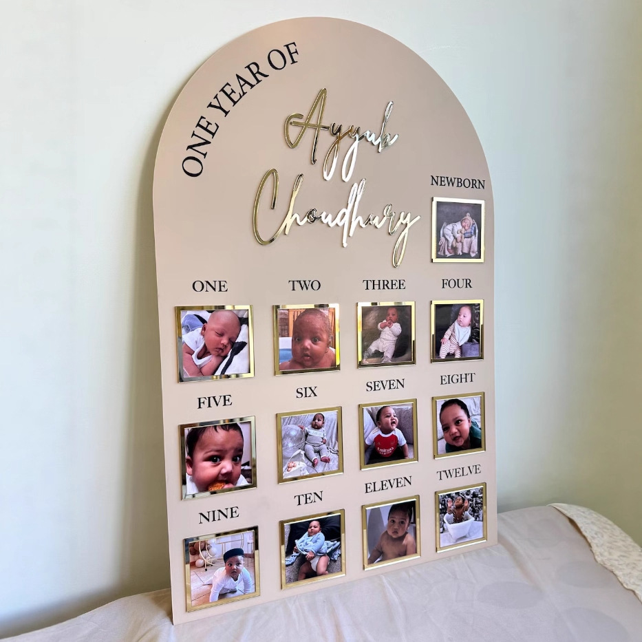 Hito de un primer año de cumpleaños tablero de fotos, lenguaje de señas de un año de bebé, tablero de hito, tarjeta de cumpleaños personalizada de un año