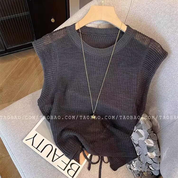 French-Style Hollow-Out Sleeveless Knitted T-Shirt for Women, New Summer Design with High Waist, Slim Fit, Short Top
