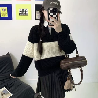 韩系秋冬慵懒风休闲长袖打底针织衫上衣女秋冬复古外穿polo毛衣女