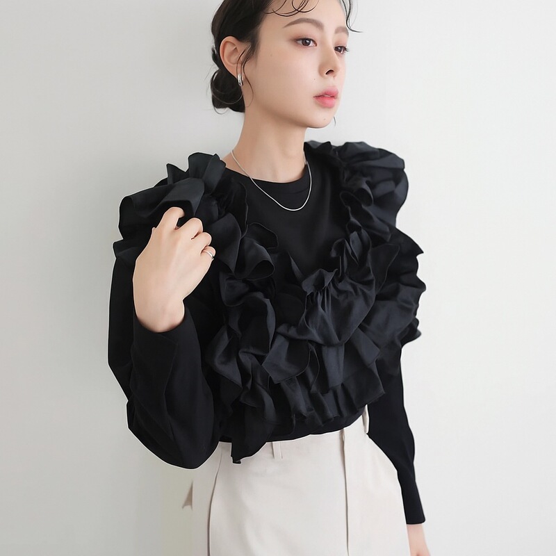 现货跨境东南亚女秋新款长袖重工手工定位缝花多种穿法棉上衣T恤|undefined