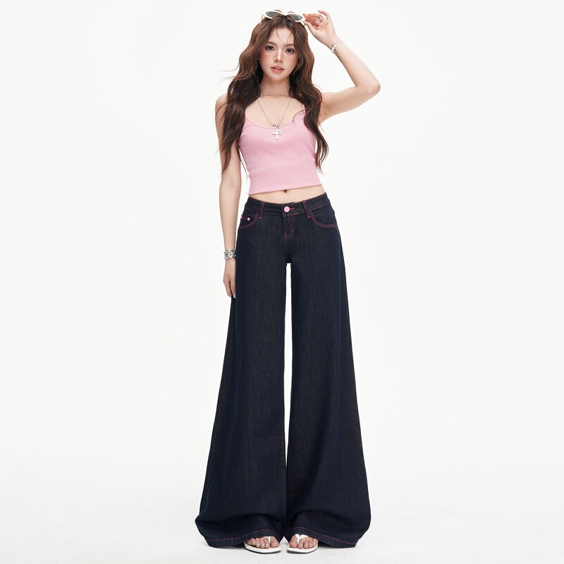 American retro low-waist raw denim wide-leg pants for women, 2026 new model, pink design, flared and extended length