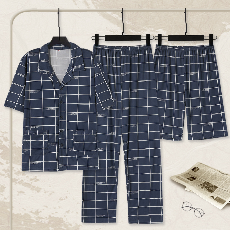 100% pijamas de los hombres de tres piezas de manga corta pantalones cortos Pantalones casual cardigan hogar desgaste conjuntos de traje