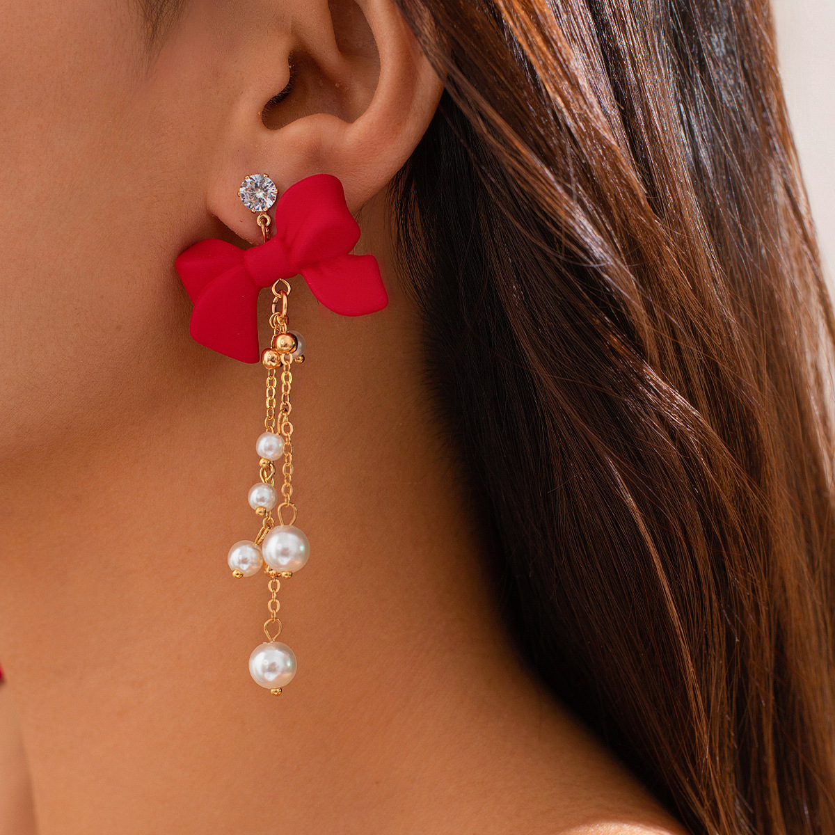 brand red elegant earrings with bow pearl with tassels